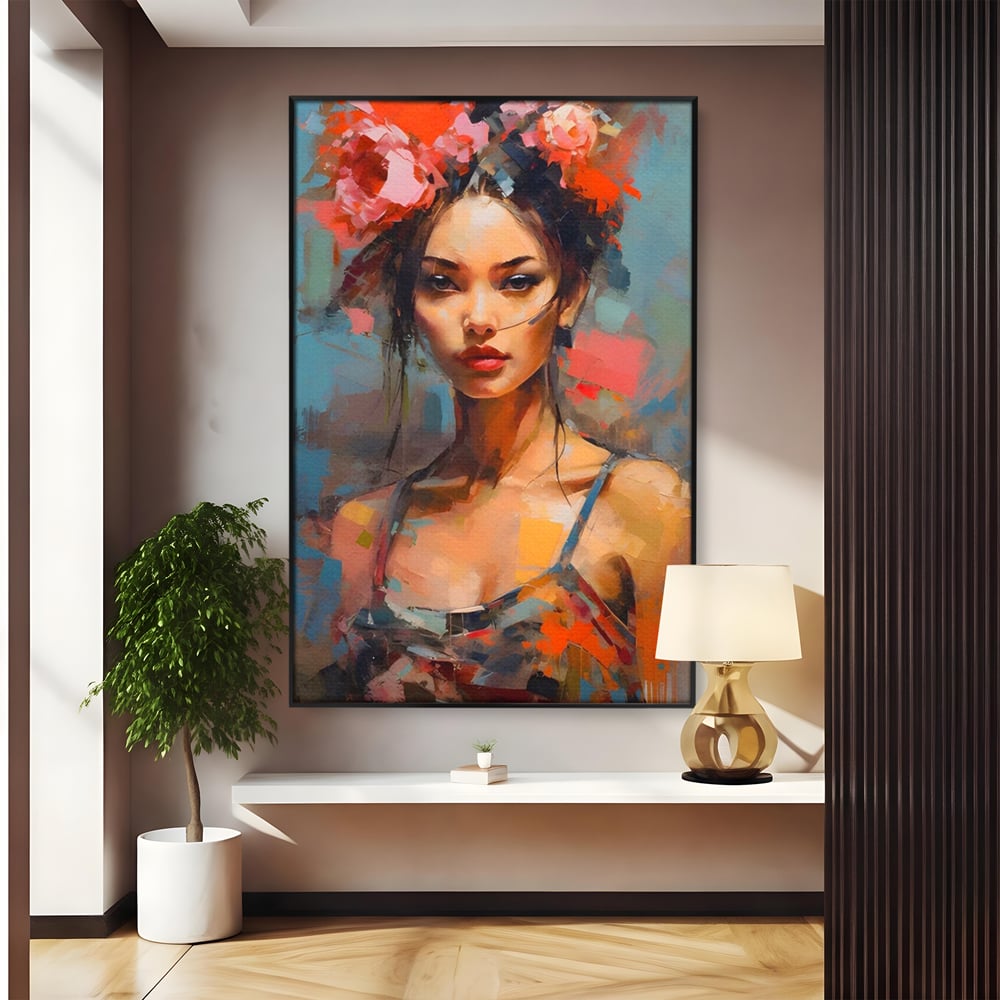 Tablou canvas cu tablou canvas cu portret de femeie, in rama de aluminiu negru